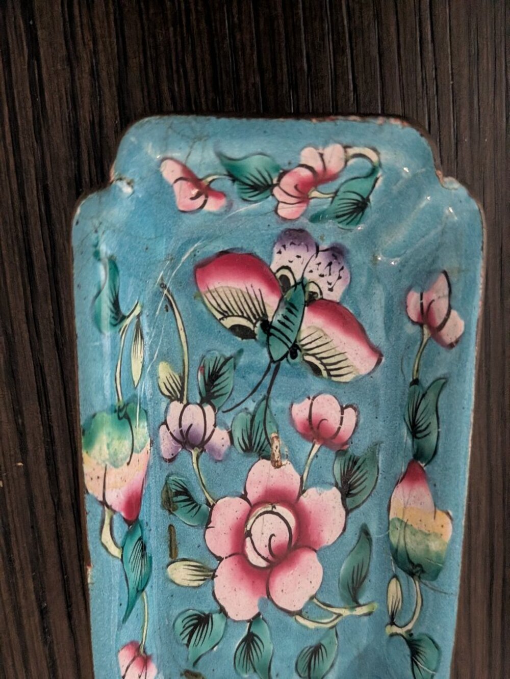 ANTIQ Chinese Canton Enamel Peony Trinket Box & Catchall Tray Set Boho Decor 3pc - Picture 9 of 16